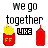 Pixelated icon with repeated text "we go together" above a yellow food container and red bottle, each paired with the word "LIKE" in pink.