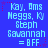 Blue background with light blue text listing names and "= BFF." surrounded by pink star outlines, static display.