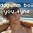 Pixelated image of a person with brown hair and light skin standing on a beach, overlaid with white pixelated text reading "dayumm boi you fyne" against a blue sky background.