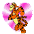 A 3-frame animated contact sheet showing a cartoon tiger character in various poses against pink heart-shaped backgrounds with radial gradients, and one empty heart frame.