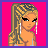 Pixel art contact sheet of a female character in four frames showing different body parts and text on bright pink background with purple border.