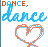 Two side-by-side pixel art display 'DANCE.' text above cursive 'dance' and a heart outline, with color variations between the left and right versions
