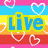 Animated pixel art icon with text 'Live', 'Love', and 'Laugh' in blue letters on yellow outlines, surrounded by hearts and colorful backgrounds.