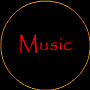 Animated sequence of red 'Music' text in orange-outlined circles on black background, with vertical alignment shifts