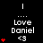 Black background displays 'Love Daniel <3' text with red heart symbols animating in vertical stacks of one to four hearts.