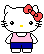 Pixel art of a white cat with black eyes and yellow nose wearing pink top, blue shorts, red bow on head.