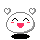 Two pixelated white circular characters with pink cheeks and mouths, gray outlines, black bases, and floating heart shapes above their heads against a light gray background.