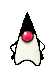Pixelated character with black triangular head, white body, and red circular eye in multiple waving poses.