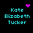 Pixelated cyan text 'Kate Elizabeth Tucker' appears in four quadrants on a black background, with two pink pixel-art symbols above the top-left and top-right text blocks.