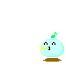 Pixelated light blue character with brown base, yellow mouthpiece, and musical note on head emits bubbles or notes in various colors.
