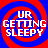 Four identical pixelated circular icons with red and blue spiral backgrounds display white text reading 'UR GETTING SLEEPY' in blocky font.