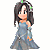 Pixelated character in blue dress with green hair accessories, shown in three poses with varying head angles and partial body visibility.