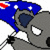 A gray koala holds a blue flag with white stars and red/white stripes, its eye alternates between white and red in a looping animation.