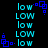 Pixelated blue text 'low' and 'LOW' in alternating with small square corner decorations on a black background