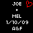 Pixelated text displays 'JOE', 'MEL', date '1/10/09', and 'A&F' with a red heart symbol above the plus sign.