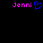 Pixelated text 'Jenni' in pink with a blue heart symbol on the left, and identical text on the right against black background.