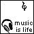 Pixelated icon with headphones, musical note symbols, and text 'music is life' in four showing animation changes
