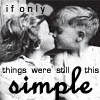Black-and-white photo of two children kissing with text overlay, animated pink lettering in 'simple' across frames.