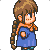 Pixel art contact sheet of a female character in blue dress with brown braided hair performing four distinct poses across 2x2 grid frames.