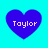 Four identical purple heart shapes with white text 'Taylor' centered on a cyan background, arranged in a