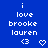 Blue background with white pixelated text reading 'i love brooke lauren' and two symbols: a '<3' and a heart shape.