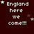 Dark red background with white pixelated text 'England here we come!!!' and small white stars scattered across the image.