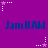 Purple background with repeated blue 'JamBAM' text and white/purple star-shaped pixel art elements arranged in a pattern