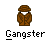 A 5x5 contact sheet of pixel art frames showing a brown cartoon gangster character in various poses with a gun, labeled "Gangster" beneath each frame on a gray background.
