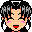 Pixelated character with black hair, gray highlights, and orange accents; two expressions show open mouth versus closed lips.
