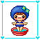 Pixel art character with blue hair and flower accessory stands in red basin, alternating between still pose and water splash animation.
