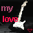 Pixelated image with 'my' in purple, 'love' in red text, a white electric guitar on black background, and small red heart symbol.