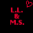 Red pixelated text 'L.L. & M.S.' on black background with a red heart symbol above the left text block.