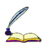 Animated sequence of a quill pen dipping into an inkwell above an open book, showing motion of the pen and ink splatters.