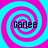 Four identical spiral patterns with alternating cyan and magenta rings, each containing the text 'Garlee' in black pixelated font on a solid cyan background.