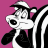 A 48x48 pixel animated contact sheet showing two frames of a cartoon skunk character with black-and-white stripes, wearing a cap and tie, against a solid magenta background.