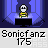 Pixelated character in yellow-green outfit with white helmet sits at black terminal against blue portal background, text changes from 'Sonicfanz 175' to 'DIE SCUM!' to 'DIE!!!!!!' to 'GAME OVER' with red splatter effects.