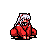 Pixel art character in red robe with white hair, shown in six sequential poses from crouching to kneeling on gray background.