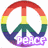 Four pixelated icons arranged in a : rainbow peace symbol with 'peace' text, pink heart with 'love', yellow smiley face with 'happiness', and blue background with 'and friends'