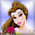Pixelated cartoon-style icon of a female character with brown hair in an updo, holding a pink rose against a light blue background.