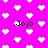 Pixelated pink background with white heart shapes and black text reading "Jojo" in four locations.