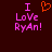 Pixelated text 'I Love Ryan!' in pink with an orange heart symbol above the text on a dark red background.