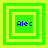 Four green square frames with yellow borders display the name 'Alec' in blue pixelated text, each frame showing a different arrangement of nested squares.