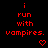 Red pixelated text on black background reads 'i run with vampires.' with a red heart symbol below.
