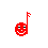 Red pixelated music note icon with smiling face; left version has closed eyes, right version shows open eyes.