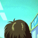 Anime-style character with brown hair and blue shirt, transitioning from back view to front view against a building background.