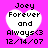 Four identical pixelated heart-shaped icons on a bright pink background, each displaying text "Joey Forever and Always<3 12/14/07" in black pixel font.