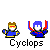 Pixel art character with blue and yellow clothing and brown hair, shown in multiple poses with red and purple effects, labeled 'Cyclops' below each frame.