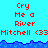 Pixelated text displays 'Cry Me a River' and 'Mitchell <33' on cyan background with blue wave border, repeated across three
