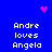 Blue background with white text reading "Andre loves Angela" repeated four times, pink pixelated heart and starburst symbols at top corners.
