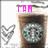 Animated sequence showing a Starbucks cup with changing pink text above it, a heart symbol on the left, and a green circular logo on the cup.